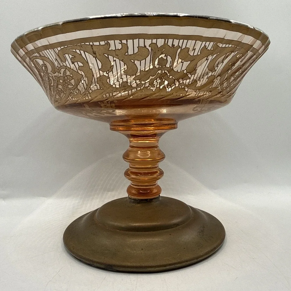 Vintage Fostoria Royal Style Amber Etched Glass Compote Or Candy Footed Bowl